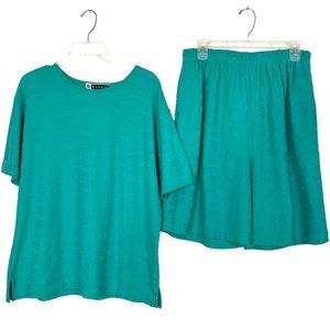 Vintage Blast Womens XL 2-Piece Aqua Turquoise Short Sleeve Blouse Shorts Outfit